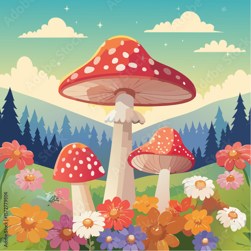 Colorful groovy mushrooms and flowers illustration in 70s and 60s style. Vintage hippie landscape. Psychedelic seventies floral background. Vector graphic ...