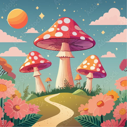 Colorful groovy mushrooms and flowers illustration in 70s and 60s style. Vintage hippie landscape. Psychedelic seventies floral background. Vector graphic ...