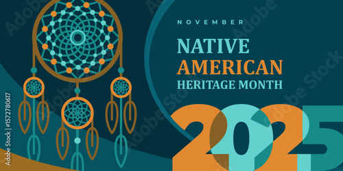 Native american heritage month 2025 greeting. Vector poster, content for social media with text Native american heritage month, november. Green background with native tribal pattern and dreamcatcher