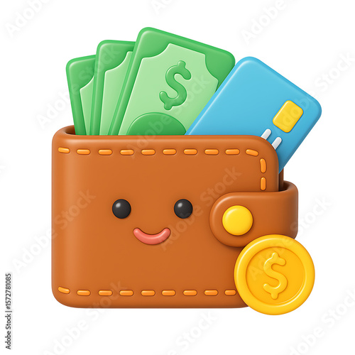 Cute wallet with money and credit card isolated on transparent background