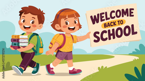 Back to school illustration kids with books and welcome sign for education promotion design