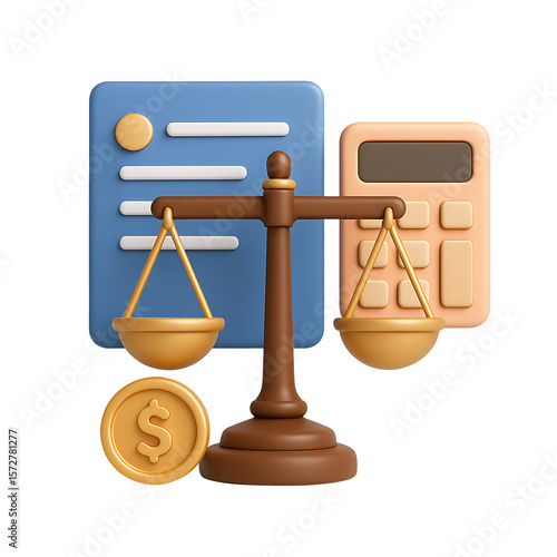 Financial justice scale with calculator and document isolated on transparent background