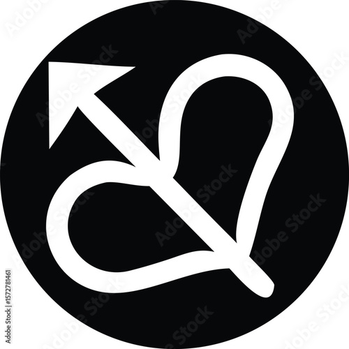 A stylized white arrow pierces through a flowing white heart shape against a stark black circular background symbolizing love and direction