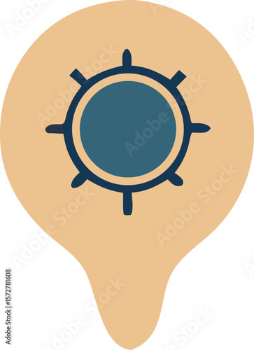 Stylized navigational compass rose icon within a rounded map pin shape on a white background representing direction and location