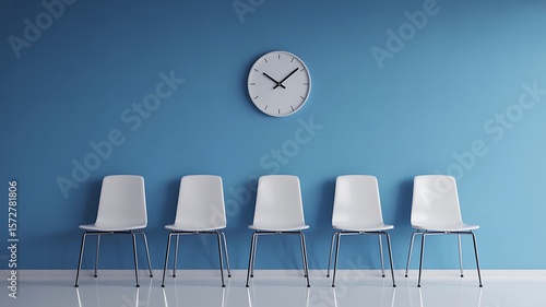 White chairs and clock on blue wall image