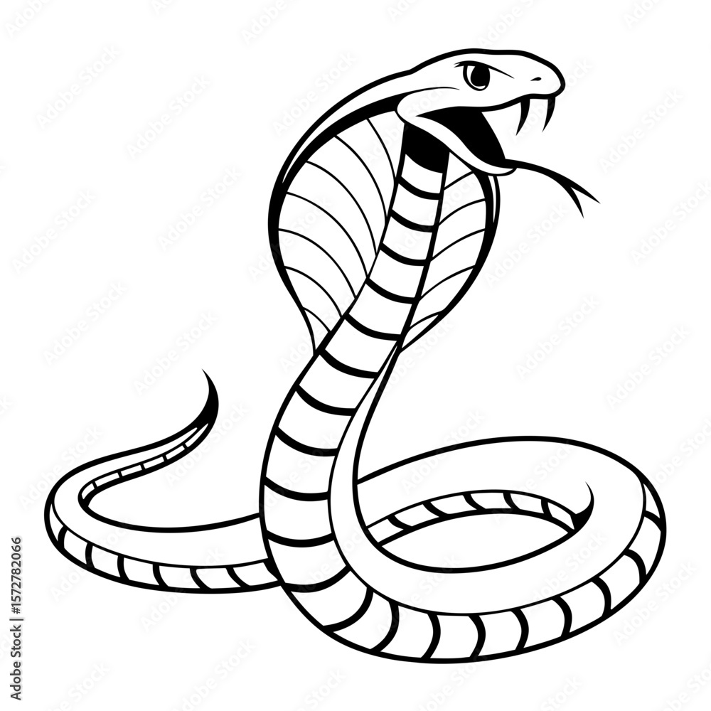 Fototapeta premium Detailed black and white illustration of a cobra snake with an open mouth, showcasing its distinctive hood and scales, emphasizing the beauty and danger of this iconic reptile in a striking design