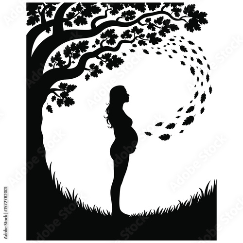 Black and white silhouette vector of pregnant woman standing under oak tree with swirling falling leaves in peaceful natural scene