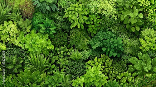 A dense, overhead view of a lush tapestry of various green leaves and plants, exhibiting diverse textures and shades of green, creating a vibrant natural wall