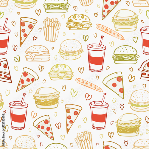 Seamless vector banner with outline fast food icons. Background with hand drawn drawings pizza, burger, hotdog, ice cream, soda, coffee. Sketch food pattern. Doodle silhouettes of takeaway ...