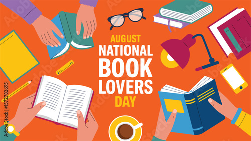 August national book lovers day illustration celebration reading books and coffee enjoyment