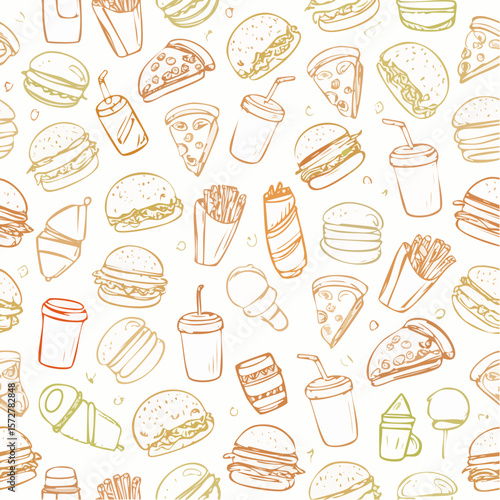 Seamless vector banner with outline fast food icons. Background with hand drawn drawings pizza, burger, hotdog, ice cream, soda, coffee. Sketch food pattern. Doodle silhouettes of takeaway ...