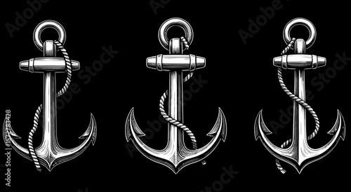 Three detailed illustrations of nautical anchors with ropes, presented in a clean vector graphic style on a black background.