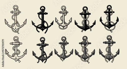A collection of ten detailed anchor illustrations in a vintage style, perfect for nautical designs, logos, or maritime-themed projects, presented on a neutral backdrop.