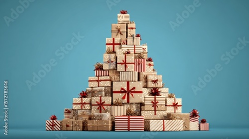 Christmas tree constructed entirely from assorted wrapped gift boxes in various colors on a white background.