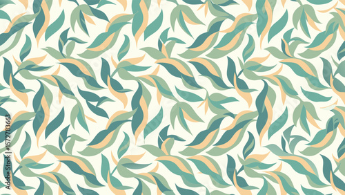 Seamless pattern of stylized leaves in shades of green and beige on a cream colored background