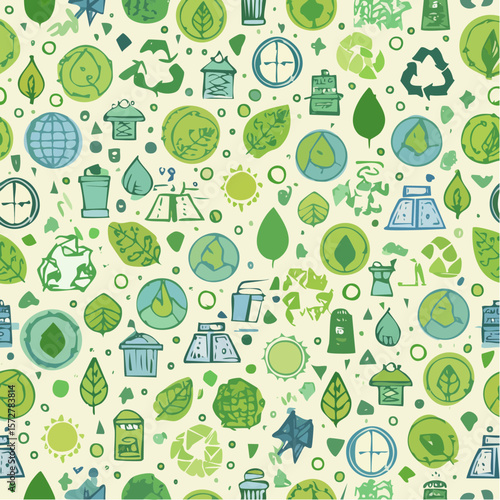 Seamless vector pattern with outline eco icons. Background with hand drawn zero waste and recycle elements. Save planet doodle silhouettes