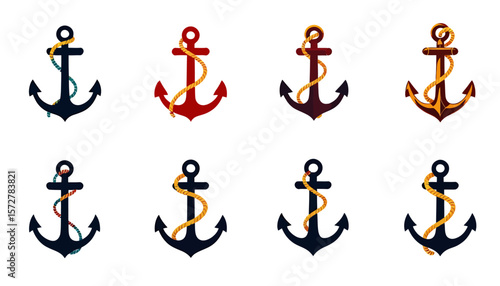 A collection of eight vector anchors in various colors, featuring classic nautical designs with rope detailing, perfect for maritime themes and graphic design projects on a white background.