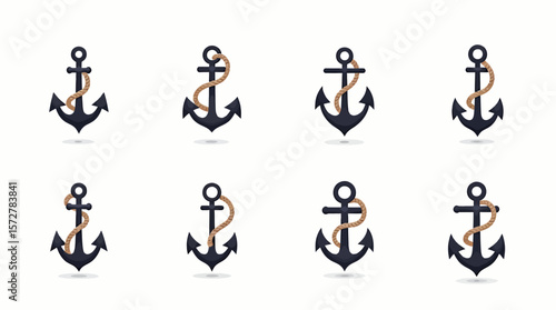 A collection of eight vector anchors, each intricately detailed with a rope wrapped around its form, presented in a clean, minimalist style on a white backdrop.