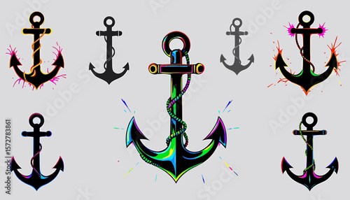 High-resolution vector and PNG images of anchors with various styles, colors, and details, perfect for nautical themes, logos, and tattoos.