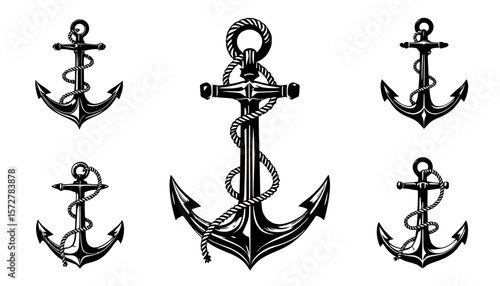 A collection of detailed, black and white vector illustrations showcasing various anchor designs, perfect for nautical themes and graphic design projects, available in a versatile PNG format.