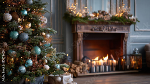Stylish decorated christmas tree with vintage ornaments and modern decor of fireplace mantel with bells, ribbon and garland lights in evening.