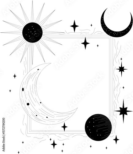 Magic frame with celestial stars, sun and moon. Vector illustration for astrology, mysticism and spirituality.