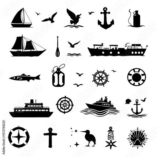 A collection of nautical-themed vector graphics, featuring various ships, boats, sea creatures, and navigational tools, all rendered in a clean, minimalist style for versatile design applications.