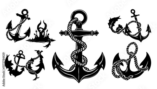 A collection of intricately designed black and white vector anchors, each with unique rope detailing, creating a vintage nautical aesthetic suitable for various design applications.