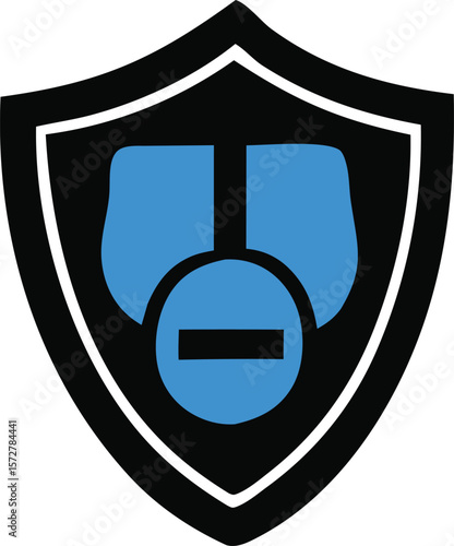 Stylized shield emblem featuring a blue prohibition symbol with a horizontal bar inside a circle against a black and white background