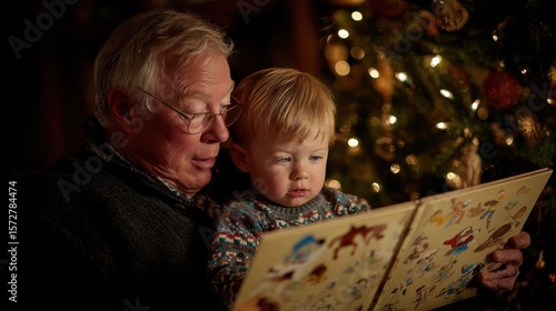 Older man reading a book to a young boy by a decorated Christmas tree indoors during daytime.