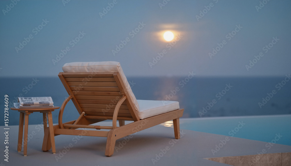 Fototapeta premium Wooden lounge chair by the pool overlooking ocean under moonlight
