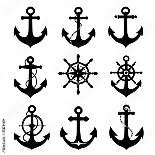 High-quality vector PNG set of nautical anchors and ship wheels, perfect for marine, travel, or nautical themed designs, websites, and branding projects.  These versatile icons are ideal for creating