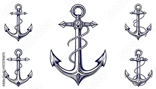 Set of detailed anchor illustrations in vector format, perfect for nautical themed designs, logo elements, or maritime related projects, available as a PNG.