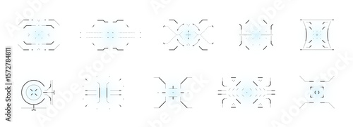 Futuristic target HUD interface for shooting game. Black crosshair radar scope and weapon indicators. Vector tech UI compass, rifle sight and digital sniper display. Sci fi military design.