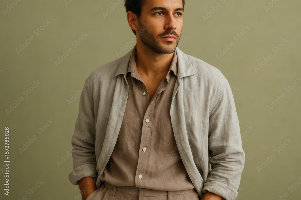 Fototapeta premium Confident young man in casual linen outfit gazing thoughtfully against a neutral background, showcasing relaxed modern