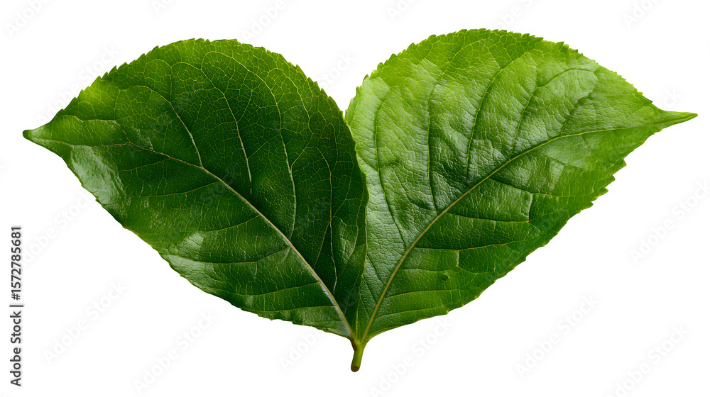Fototapeta premium A green leaf in the shape of a heart, symbolizing nature love, isolated on white background,