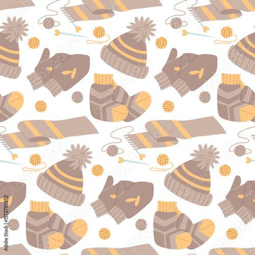 Pattern of striped brown knitted winter accessories. Mittens, a hat with a pompom, and an unfinished knitted scarf. Seamless flat color texture. Suitable for blogs, articles, postcards, and crafts