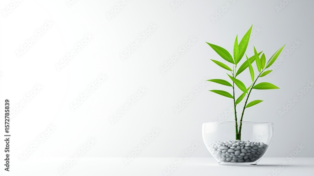 Fototapeta premium A minimalistic desktop setup featuring a lush green plant in a clear glass vase filled with smooth pebbles, Ideal for home decor, office environments, or wellness themes