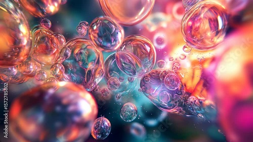 Colorful abstract bubbles floating in a vibrant background, showcasing a mesmerizing blend of light and texture, creating an enchanting underwater atmosphere with depth and movement