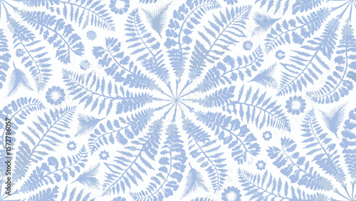 A light blue and white fern pattern with a radial arrangement of fronds and floral accents creating symmetry