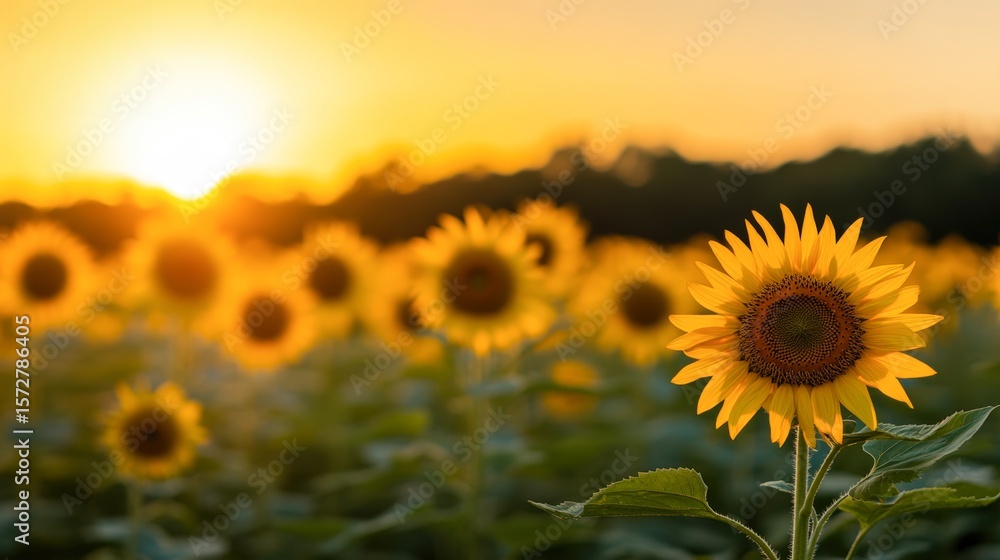Fototapeta premium A vivid sunset bathes a field of sunflowers in warm yellow hues, creating an inviting, cheerful atmosphere, Ideal for nature themes, seasonal promotions, or wellness content,