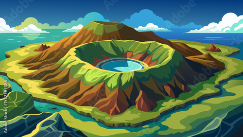 Azores aerial panoramic view. Top view of Islet of Vila Franca do Campo. Crater of an old underwater volcano. San Miguel island, Azores, Portugal. Heart carved by nature. Bird eye 4K