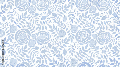 Floral pattern with light blue roses and leaves creating a seamless and repeating background design element