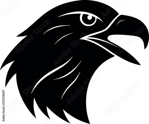 Aggressive eagle head silhouette with open beak isolated on white background