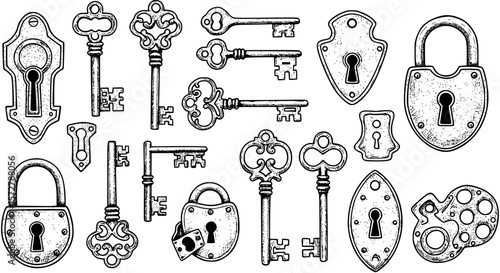 Hand drawn vintage key and lock vector set
