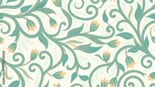 Floral pattern with teal vines and yellow flowers on a cream background creating a seamless design