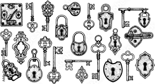 Hand drawn vintage key and lock vector set
