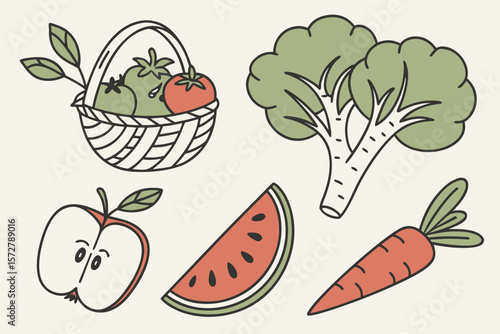 A basket of fresh tomatoes sits beside broccoli, apple, and watermelon