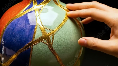 Hand Touching Kintsugi Ceramic Repair Detail