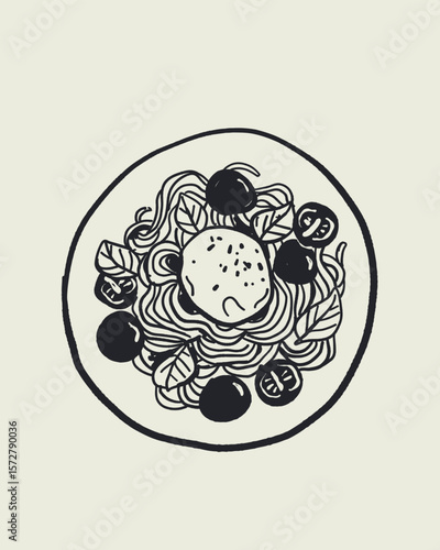 Italian cuisine and sea inspired illustrations with pasta, seafood, wine, lemons, shells, herbs in doodle cartoon vector style, Mediterranean kitchen wall art prints in la dolce vita style.
